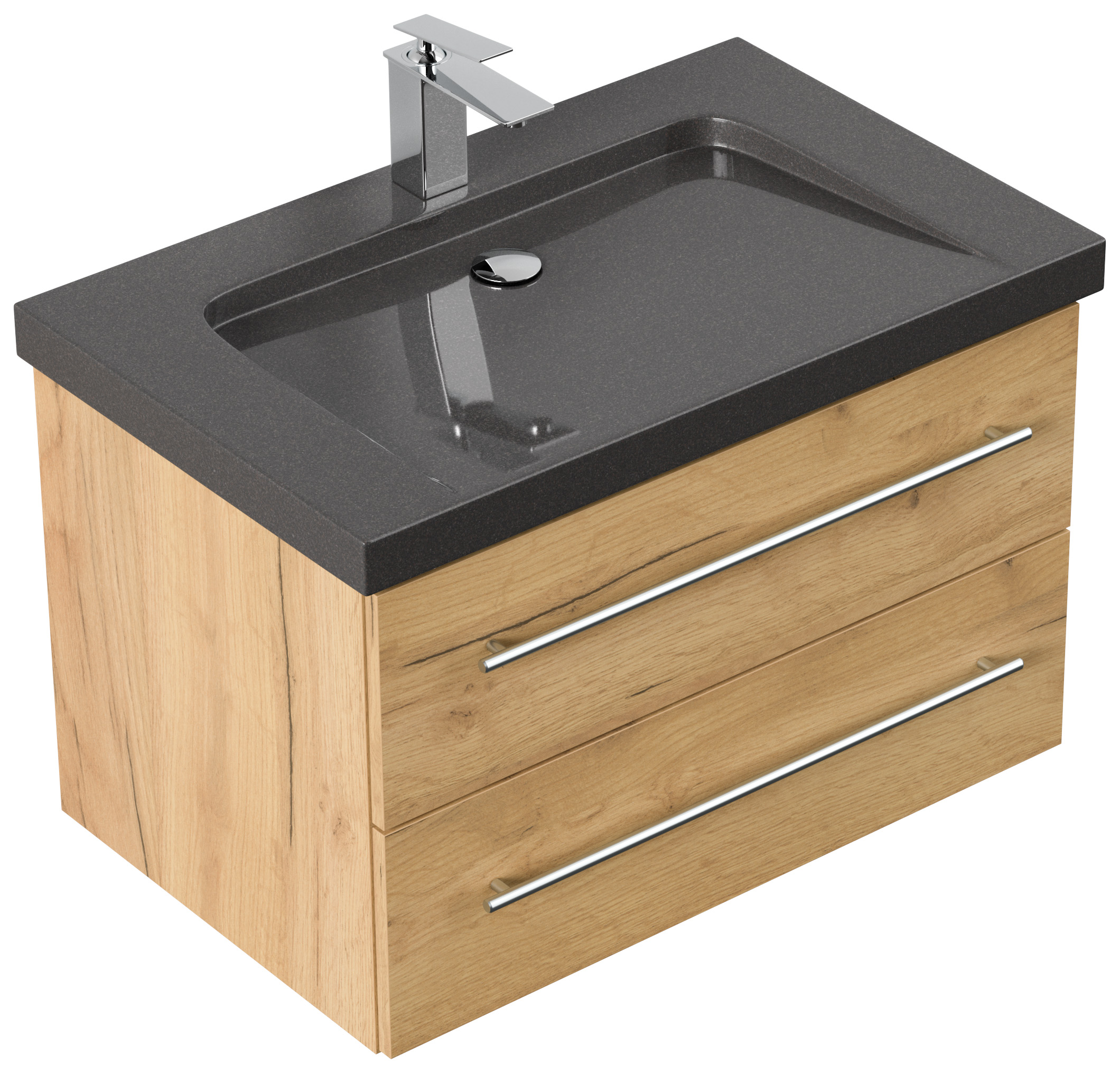 Badmöbel Granit India Black Damo 75 cm 1 Hahnloch SoftClose eiche gold