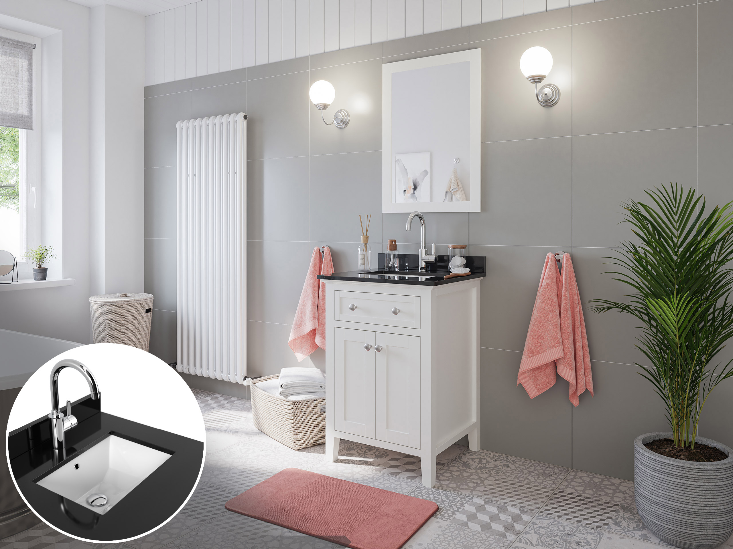 Landhaus Badmöbel-Set 2tlg Postigo 60 Quarz schwarz montiert weiss lackiert