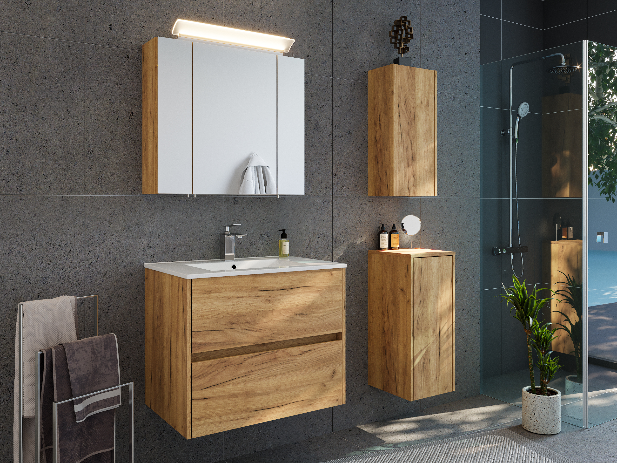 Badmöbelset Taifun 70cm 4tlg mit Spiegelschrank & 2x Badschrank grafit