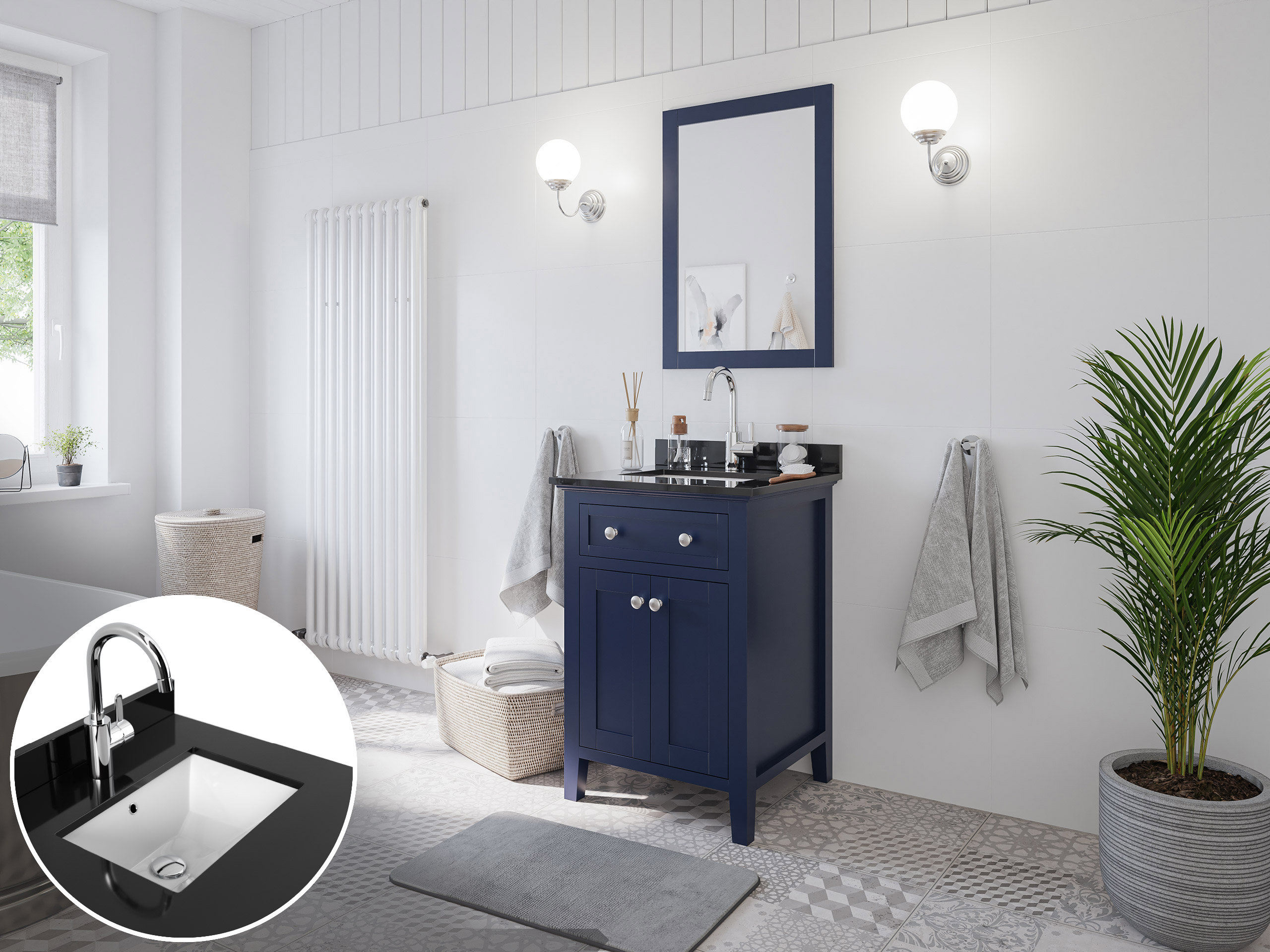 Landhaus Badmöbel-Set 2tlg Postigo 60 Quarz schwarz montiert weiss lackiert