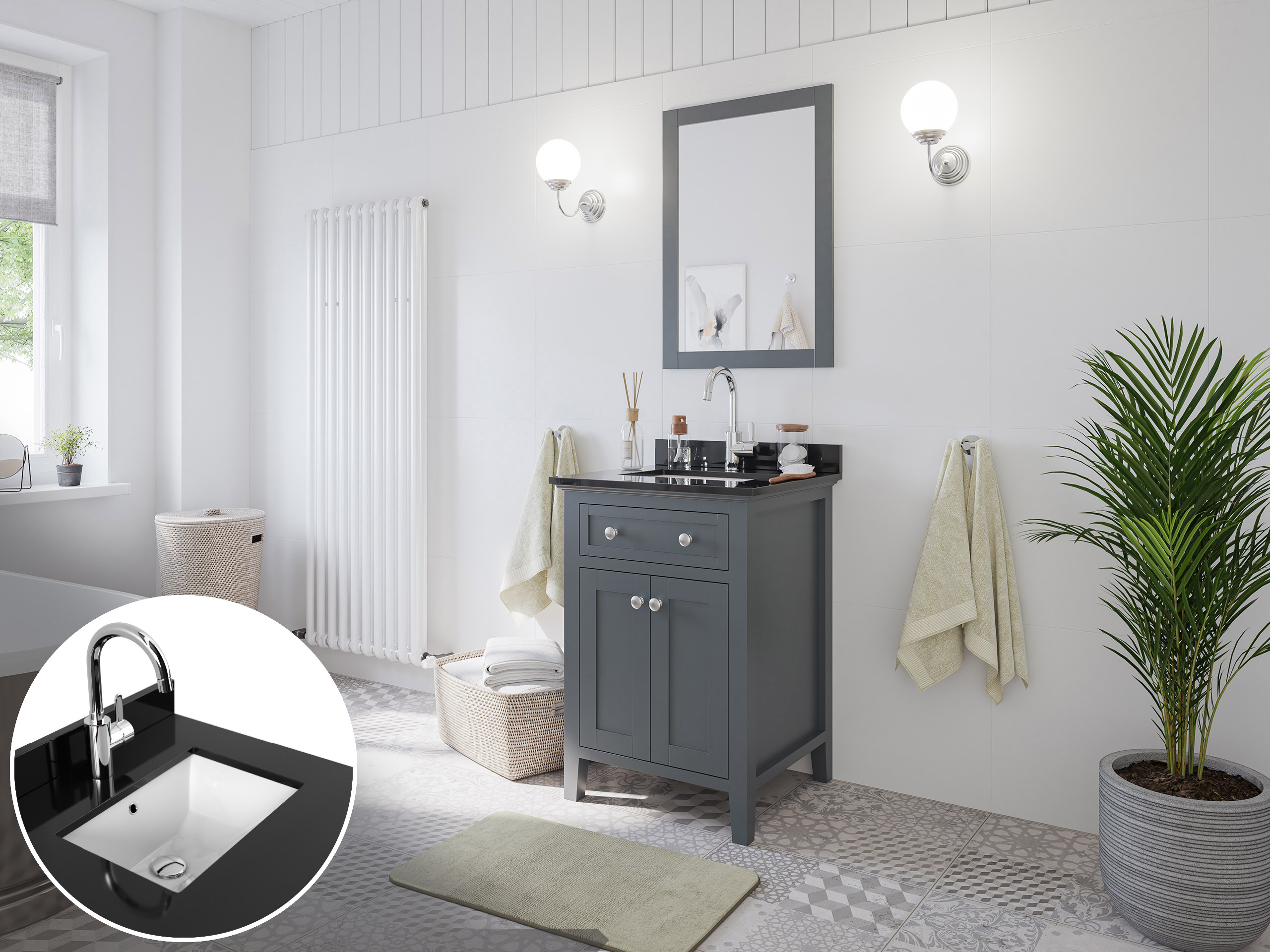 Landhaus Badmöbel-Set 2tlg Postigo 60 Quarz schwarz montiert weiss lackiert
