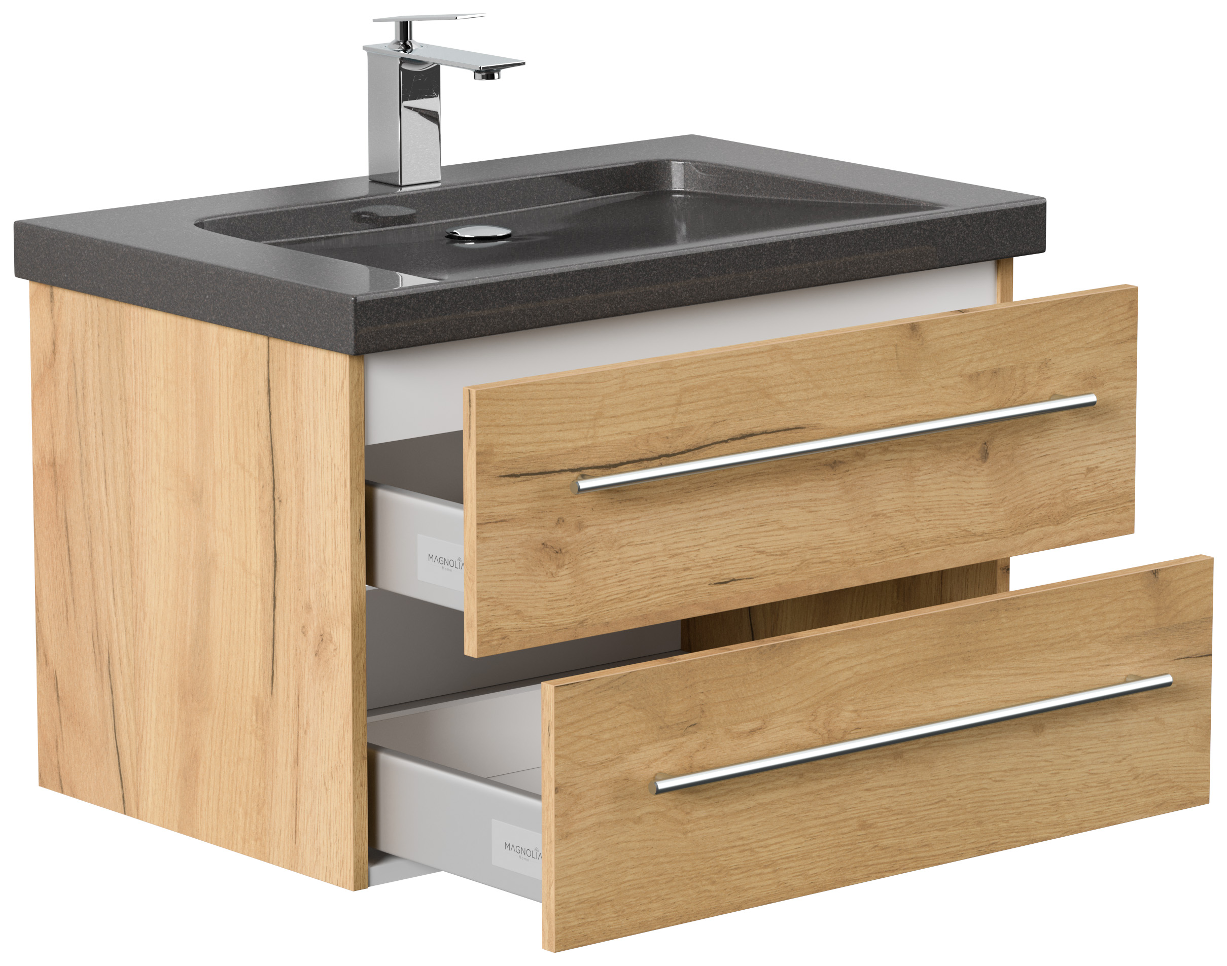 Badmöbel Granit India Black Damo 75 cm 1 Hahnloch SoftClose eiche gold