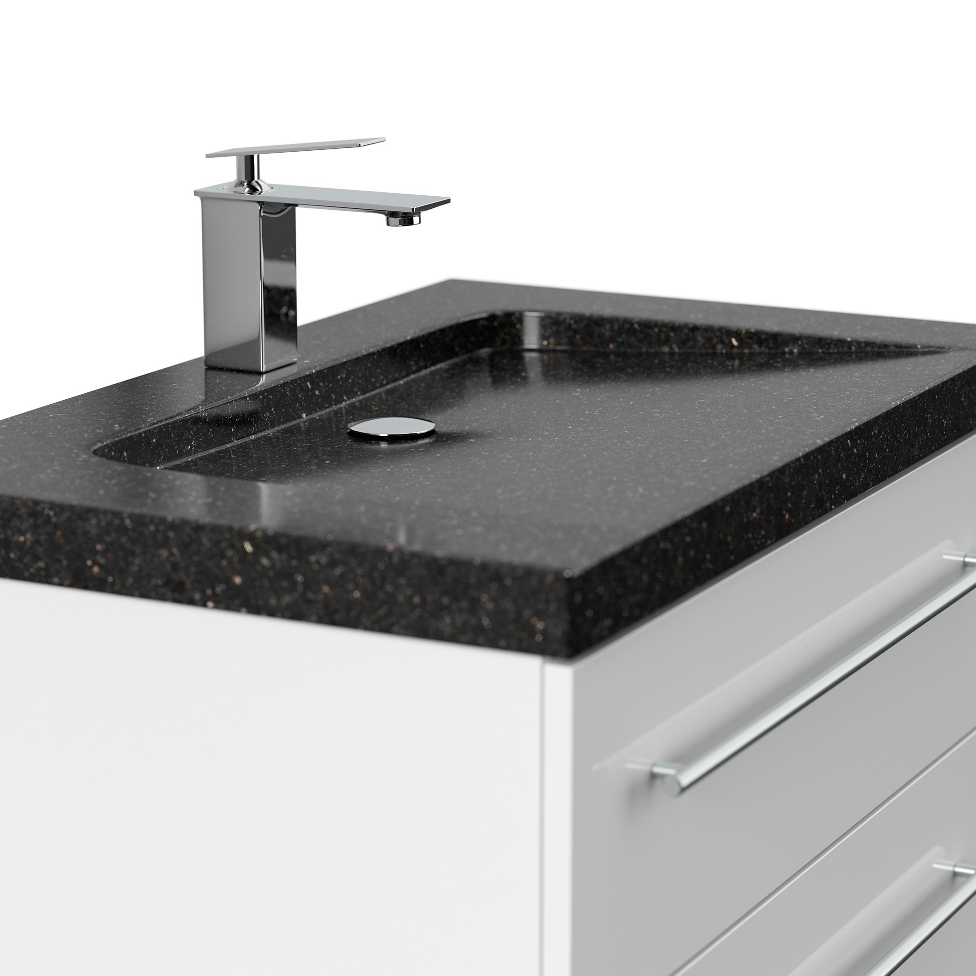 Badmöbel Granit Galaxy Black Damo 75 cm 1 Hahnloch SoftClose weiß hochglanz