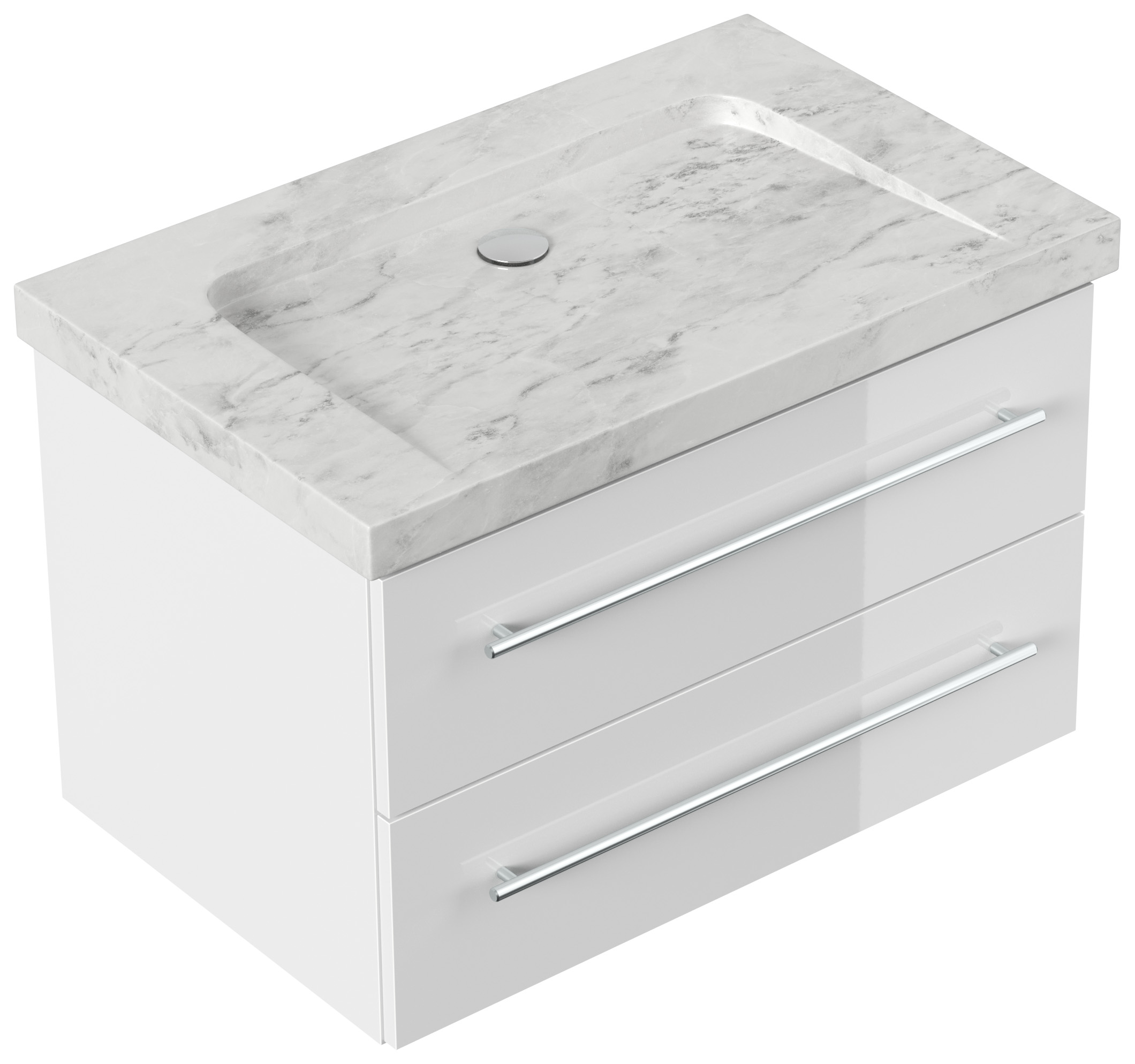 Badmöbel Marmor Carrara White Damo 75 cm ohne Hahnloch SoftClose weiß hochglanz