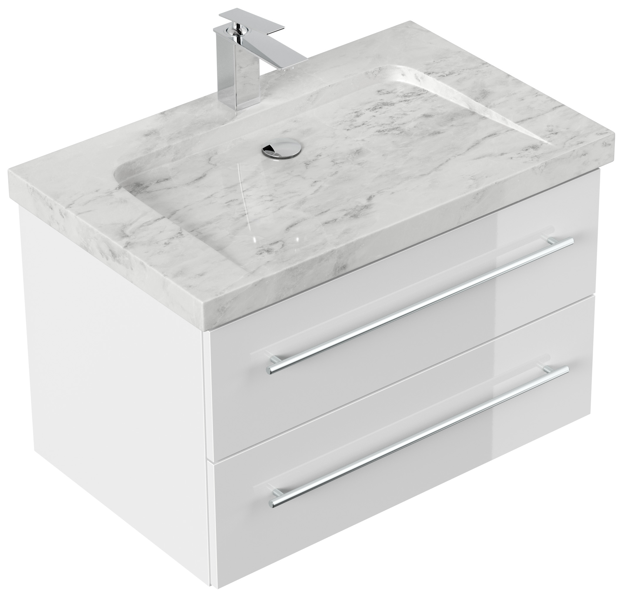 Badmöbel Marmor Carrara White Damo 75 cm 1 Hahnloch SoftClose weiß hochglanz